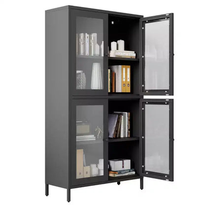 Homy Casa Armoire de rangement classique en métal avec 4 portes vitrées, acier noir