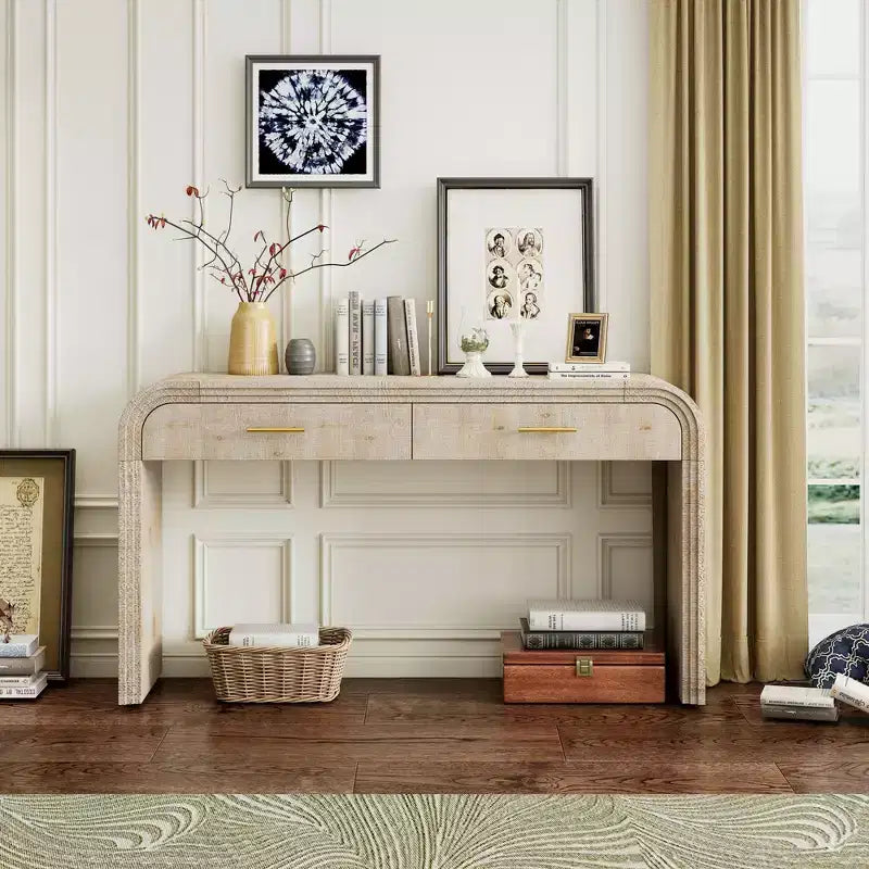 Console incurvée avec 2 tiroirs pour entrée, table d'entrée minimaliste en bois avec rangement pour salon