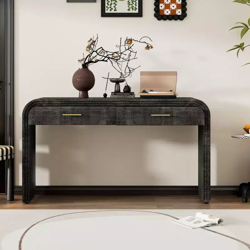 Console incurvée avec 2 tiroirs pour entrée, table d'entrée minimaliste en bois avec rangement pour salon