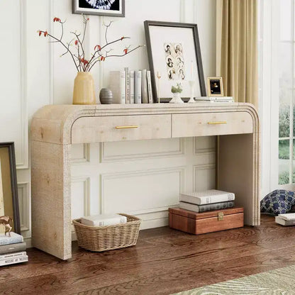 Console incurvée avec 2 tiroirs pour entrée, table d'entrée minimaliste en bois avec rangement pour salon