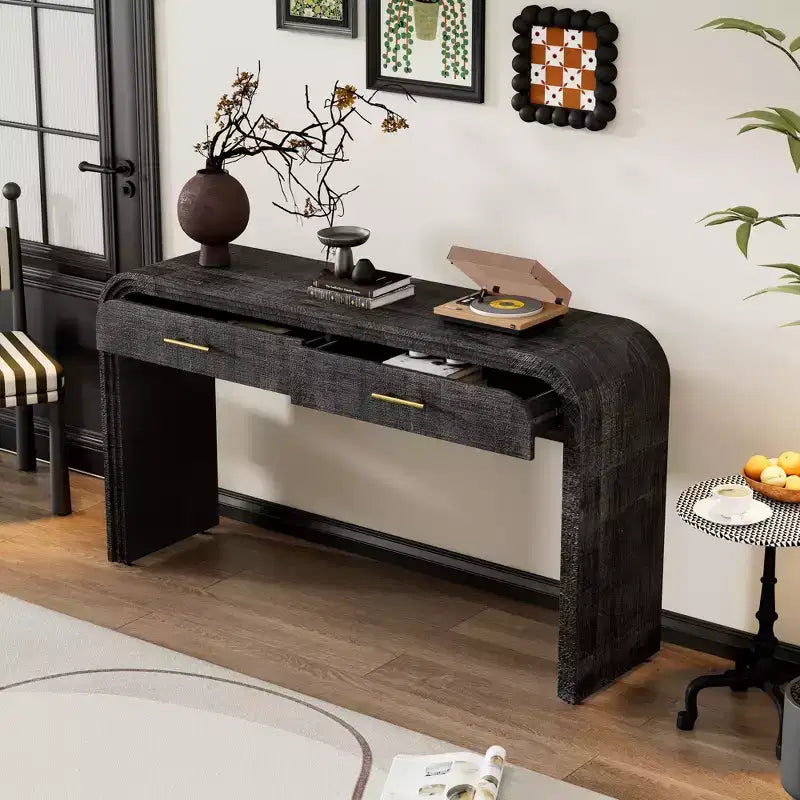 Console incurvée avec 2 tiroirs pour entrée, table d'entrée minimaliste en bois avec rangement pour salon