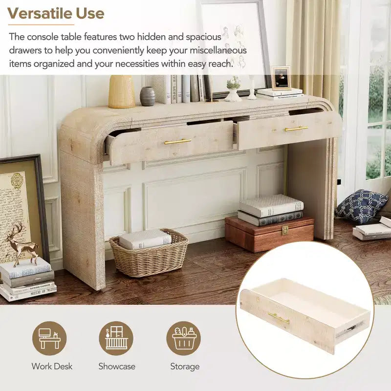 Console incurvée avec 2 tiroirs pour entrée, table d'entrée minimaliste en bois avec rangement pour salon