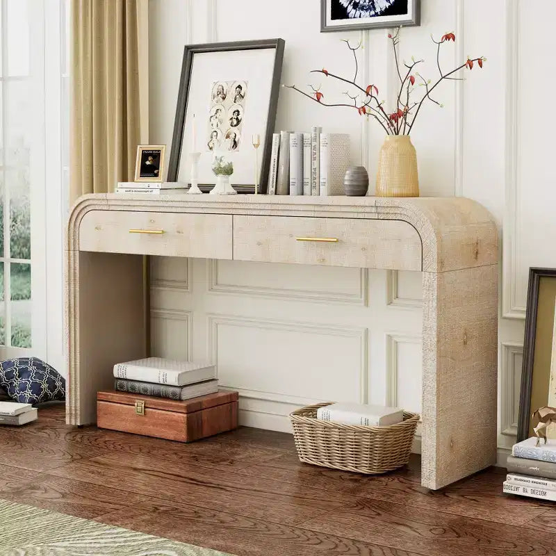 Console incurvée avec 2 tiroirs pour entrée, table d'entrée minimaliste en bois avec rangement pour salon