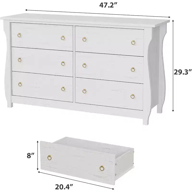 Commode blanche à 6 tiroirs de 120 cm, meuble de rangement autoportant pour chambre à coucher, salon et entrée, assemblage facile, design peu encombrant
