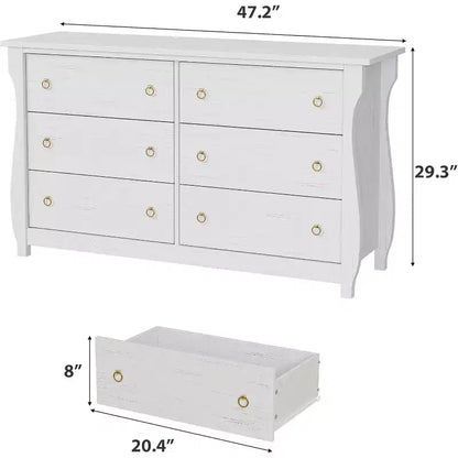 Commode blanche à 6 tiroirs de 120 cm, meuble de rangement autoportant pour chambre à coucher, salon et entrée, assemblage facile, design peu encombrant