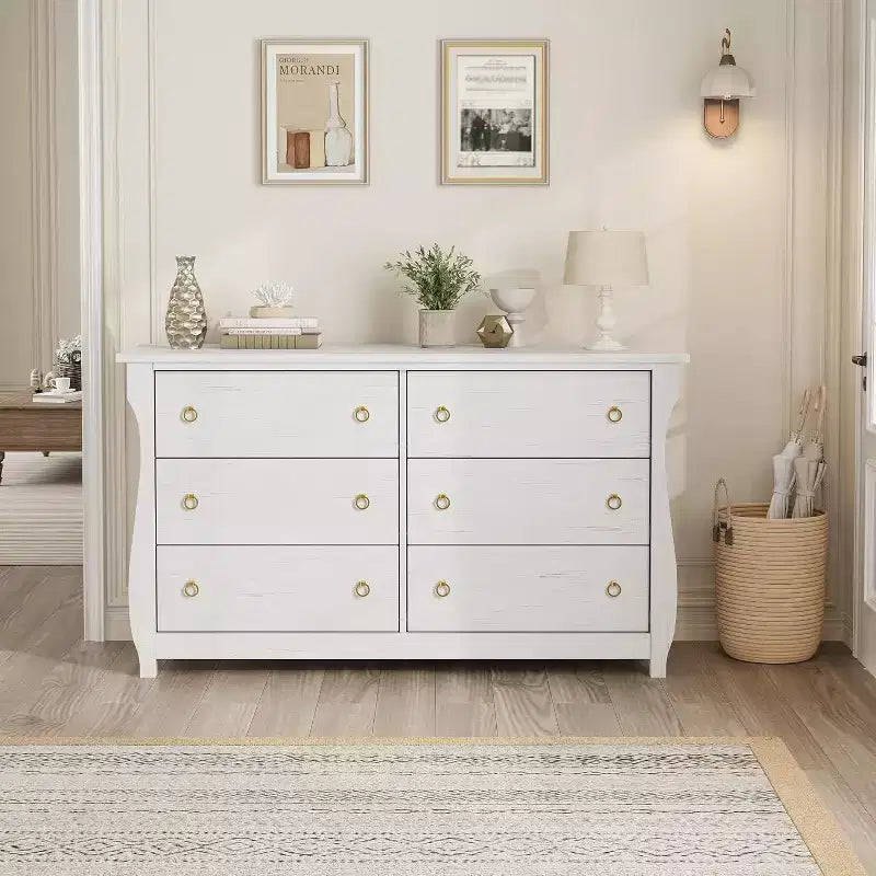 Commode blanche à 6 tiroirs de 120 cm, meuble de rangement autoportant pour chambre à coucher, salon et entrée, assemblage facile, design peu encombrant