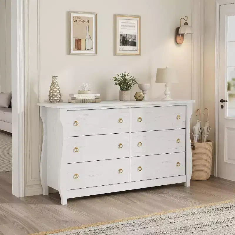 Commode blanche à 6 tiroirs de 120 cm, meuble de rangement autoportant pour chambre à coucher, salon et entrée, assemblage facile, design peu encombrant