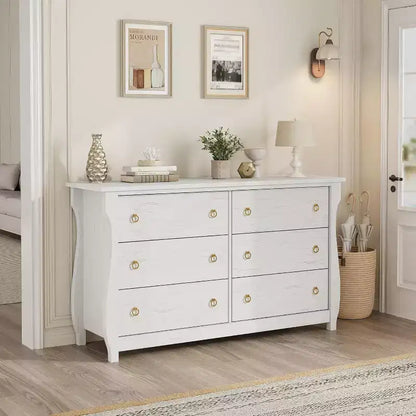 Commode blanche à 6 tiroirs de 120 cm, meuble de rangement autoportant pour chambre à coucher, salon et entrée, assemblage facile, design peu encombrant