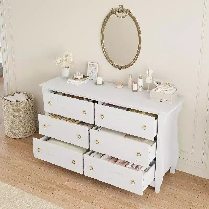 Commode blanche à 6 tiroirs de 120 cm, meuble de rangement autoportant pour chambre à coucher, salon et entrée, assemblage facile, design peu encombrant