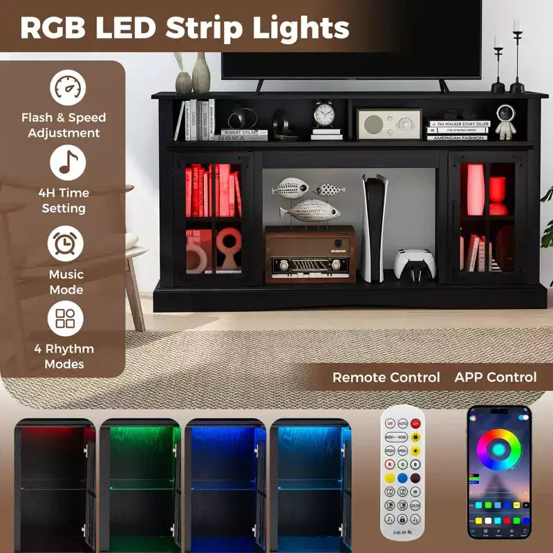Meuble TV Costway avec lumières LED, télécommande, rangements et étagères réglables
