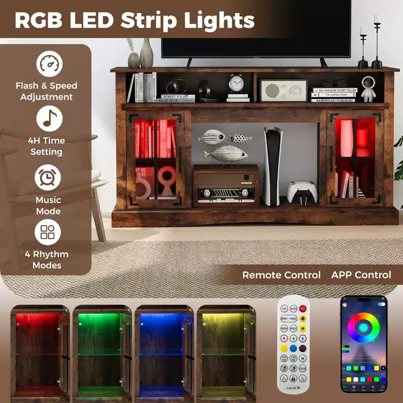 Meuble TV Costway avec lumières LED, télécommande, rangements et étagères réglables