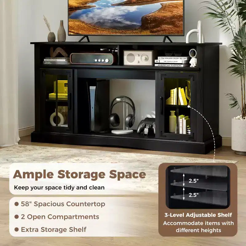 Meuble TV Costway avec lumières LED, télécommande, rangements et étagères réglables