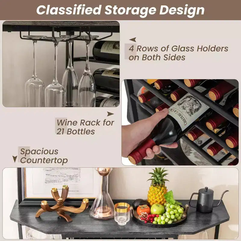 Meuble de bar Costway à 3 niveaux avec étagères de rangement, porte-verres et porte-bouteilles