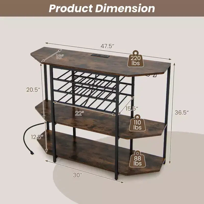 Meuble de bar Costway à 3 niveaux avec étagères de rangement, porte-verres et porte-bouteilles