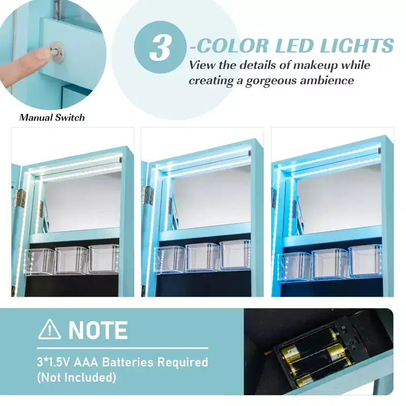 Costway Armoire à bijoux rotative à 360° avec miroir, modes LED 3 couleurs, verrouillable