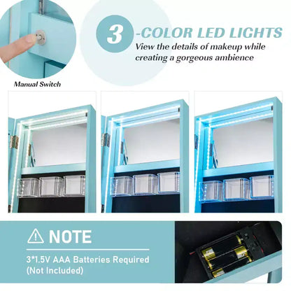 Costway Armoire à bijoux rotative à 360° avec miroir, modes LED 3 couleurs, verrouillable