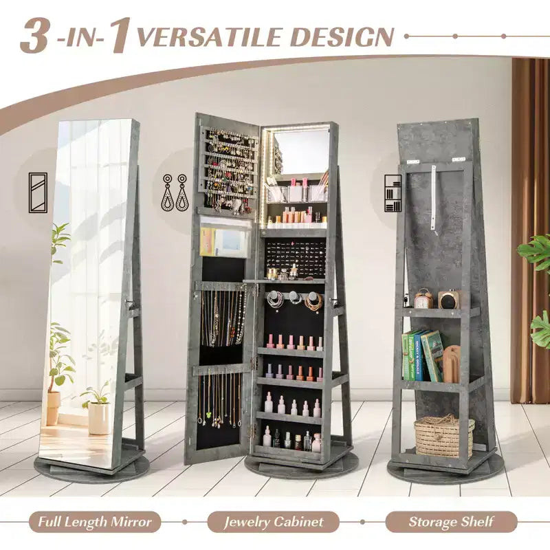 Costway Armoire à bijoux rotative à 360° avec miroir, modes LED 3 couleurs, verrouillable