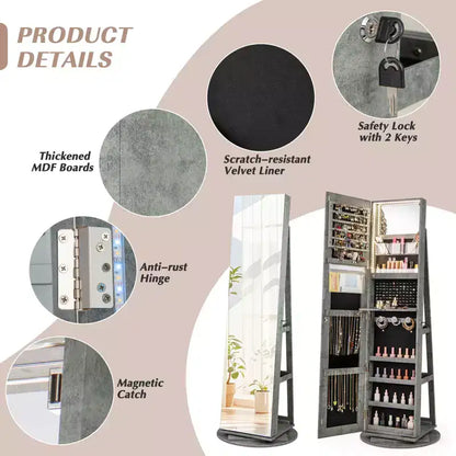 Costway Armoire à bijoux rotative à 360° avec miroir, modes LED 3 couleurs, verrouillable