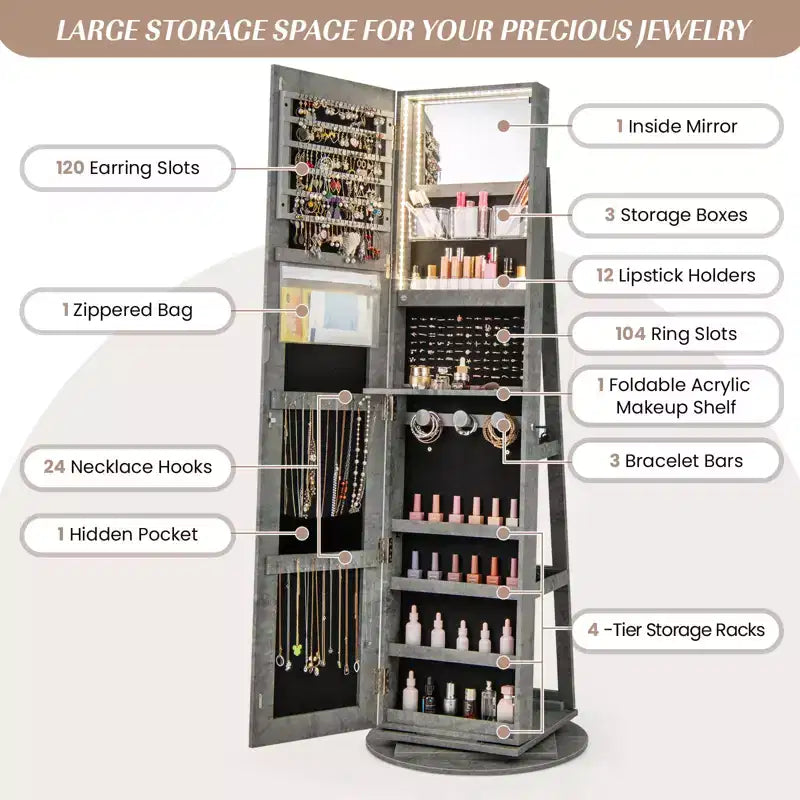 Costway Armoire à bijoux rotative à 360° avec miroir, modes LED 3 couleurs, verrouillable