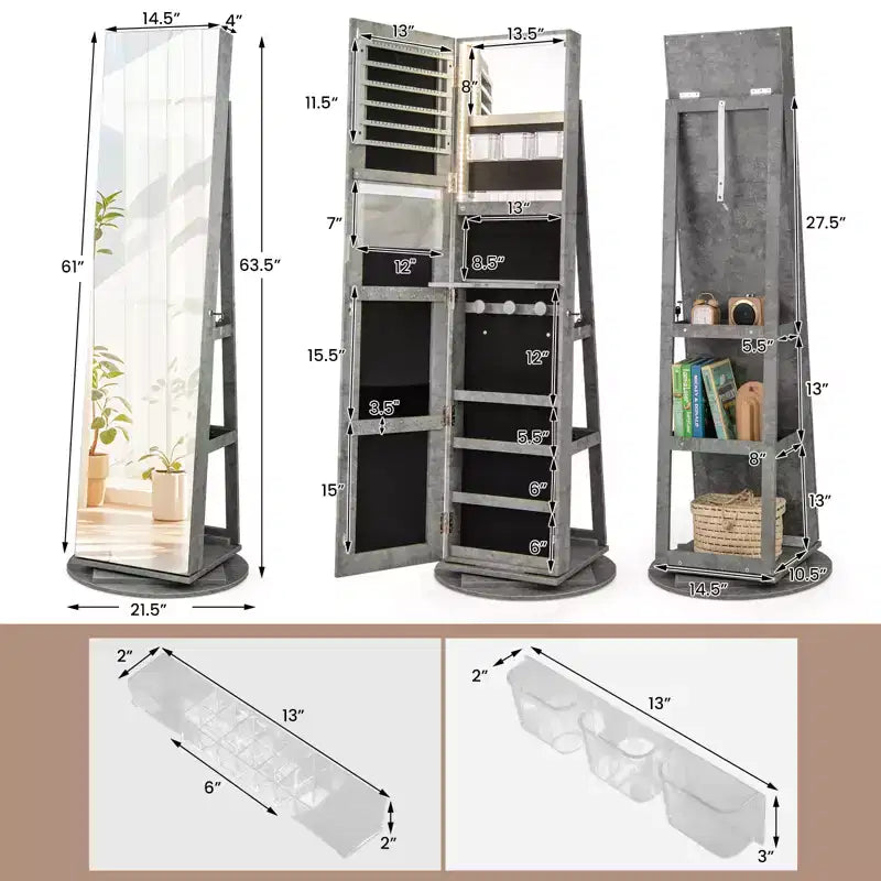 Costway Armoire à bijoux rotative à 360° avec miroir, modes LED 3 couleurs, verrouillable