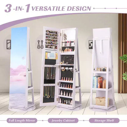 Costway Armoire à bijoux rotative à 360° avec miroir, modes LED 3 couleurs, verrouillable