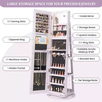 Costway Armoire à bijoux rotative à 360° avec miroir, modes LED 3 couleurs, verrouillable