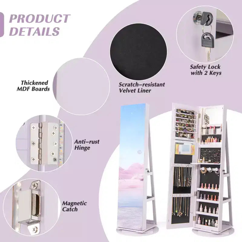 Costway Armoire à bijoux rotative à 360° avec miroir, modes LED 3 couleurs, verrouillable