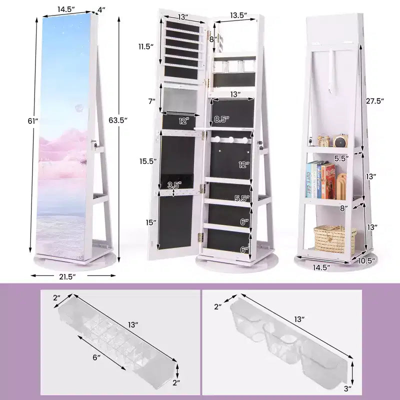 Costway Armoire à bijoux rotative à 360° avec miroir, modes LED 3 couleurs, verrouillable