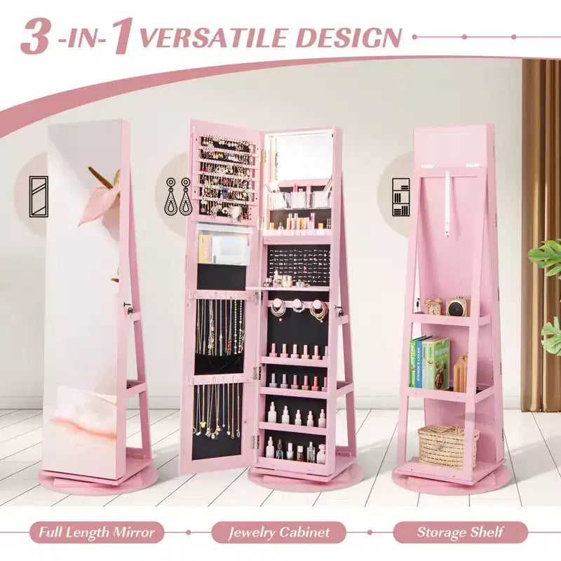 Costway Armoire à bijoux rotative à 360° avec miroir, modes LED 3 couleurs, verrouillable