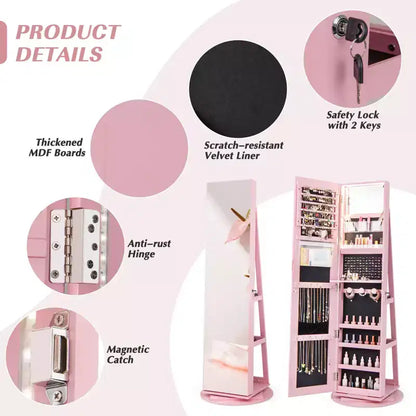 Costway Armoire à bijoux rotative à 360° avec miroir, modes LED 3 couleurs, verrouillable