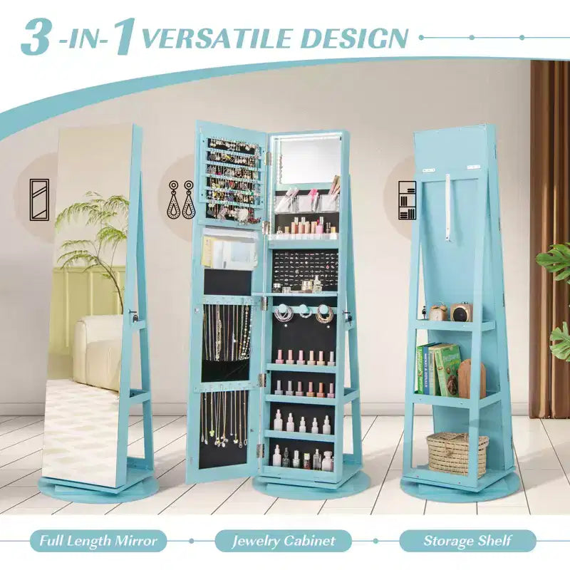 Costway Armoire à bijoux rotative à 360° avec miroir, modes LED 3 couleurs, verrouillable