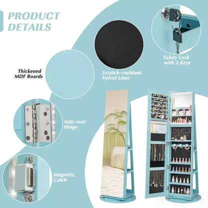 Costway Armoire à bijoux rotative à 360° avec miroir, modes LED 3 couleurs, verrouillable