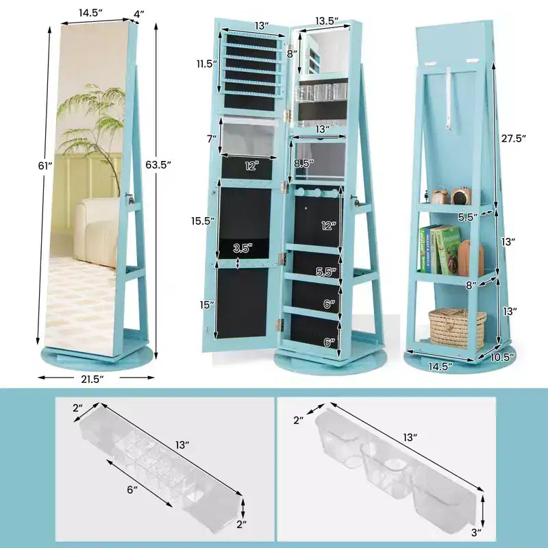 Costway Armoire à bijoux rotative à 360° avec miroir, modes LED 3 couleurs, verrouillable
