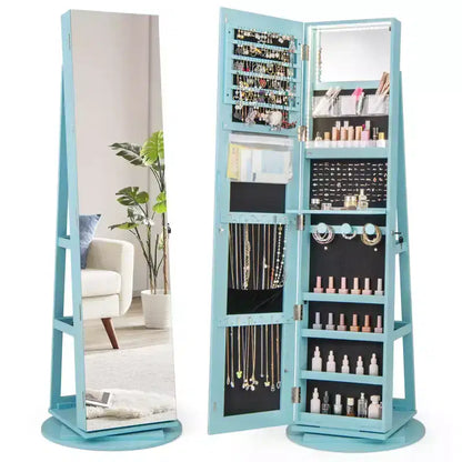 Costway 360 Rotating Mirrored Jewelry Cabinet Armoire 3 Color LED Modes Lockable