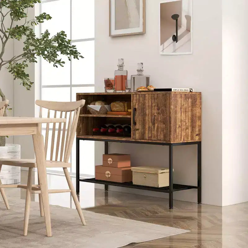 Buffet Costway avec prises de courant et ports USB, porte-bouteilles et étagères de rangement, style rustique