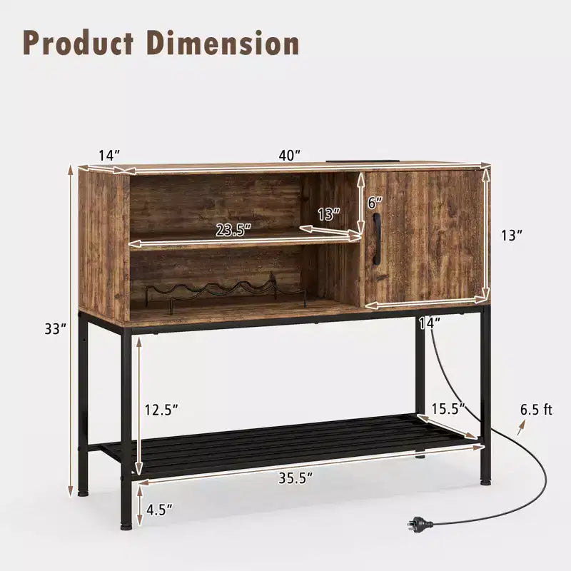 Buffet Costway avec prises de courant et ports USB, porte-bouteilles et étagères de rangement, style rustique