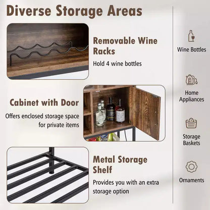 Buffet Costway avec prises de courant et ports USB, porte-bouteilles et étagères de rangement, style rustique