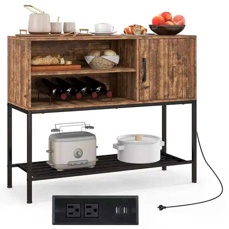Buffet Costway avec prises de courant et ports USB, porte-bouteilles et étagères de rangement, style rustique