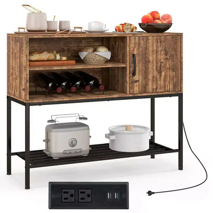 Buffet Costway avec prises de courant et ports USB, porte-bouteilles et étagères de rangement, style rustique