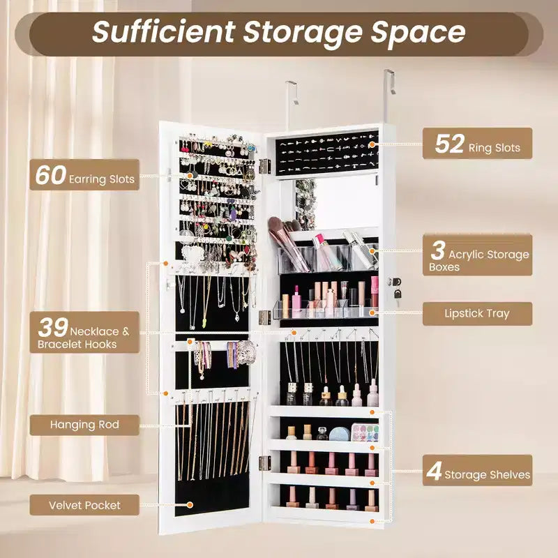 Meuble miroir à bijoux Costway 43,5 po avec miroir pleine longueur et miroir de maquillage intérieur