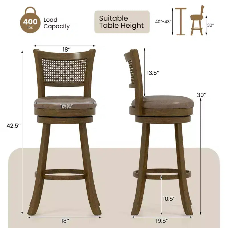 Costway Lot de 2 tabourets de bar pivotants à 30 po avec dossier en rotin PE, hauteur bar