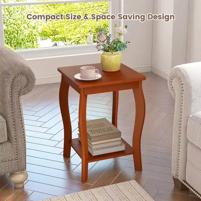 Table d'appoint carrée à 2 niveaux Costway, table de chevet étroite pour canapé avec étagère de rangement et pieds en bois