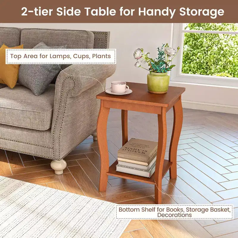Table d'appoint carrée à 2 niveaux Costway, table de chevet étroite pour canapé avec étagère de rangement et pieds en bois