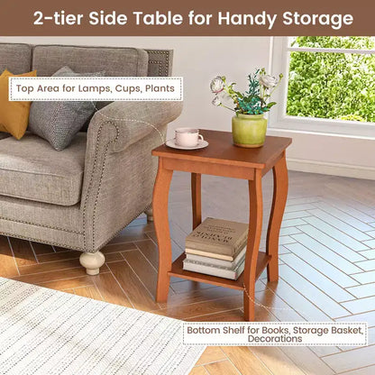 Table d'appoint carrée à 2 niveaux Costway, table de chevet étroite pour canapé avec étagère de rangement et pieds en bois