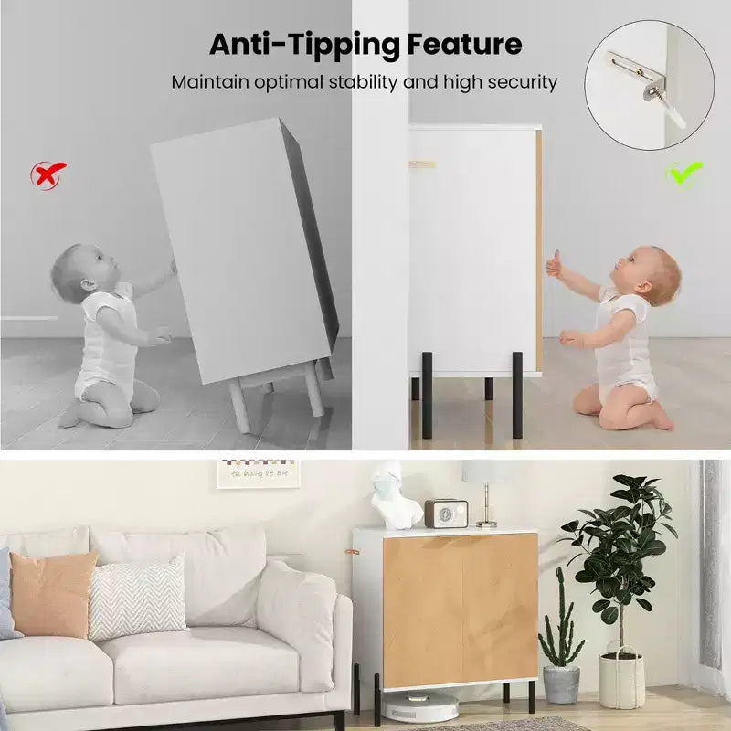Costway Lot de 2 buffets de rangement à 2 portes avec étagère, pieds en métal et dispositifs anti-basculement