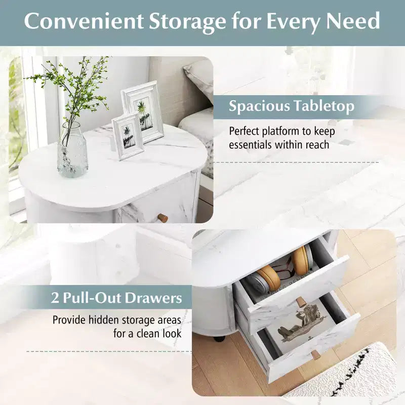 Table de Chevet Costway avec 2 Tiroirs, Table d'Appoint Effet Marbre pour Petits Espaces