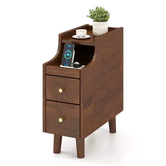 Costway Solid Wood End Table w/ Pull-out Tray & 2 Storage Drawers Cable Management