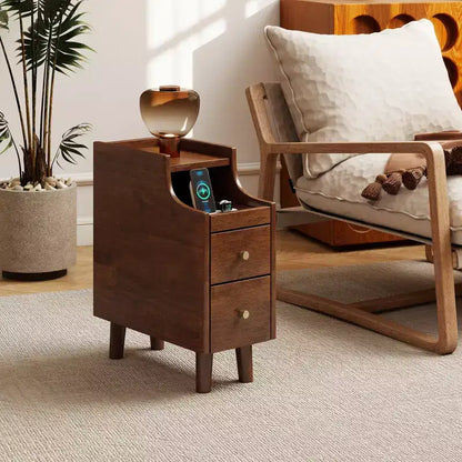 Table d'appoint en bois massif Costway avec tablette coulissante et 2 tiroirs de rangement et gestion des câbles