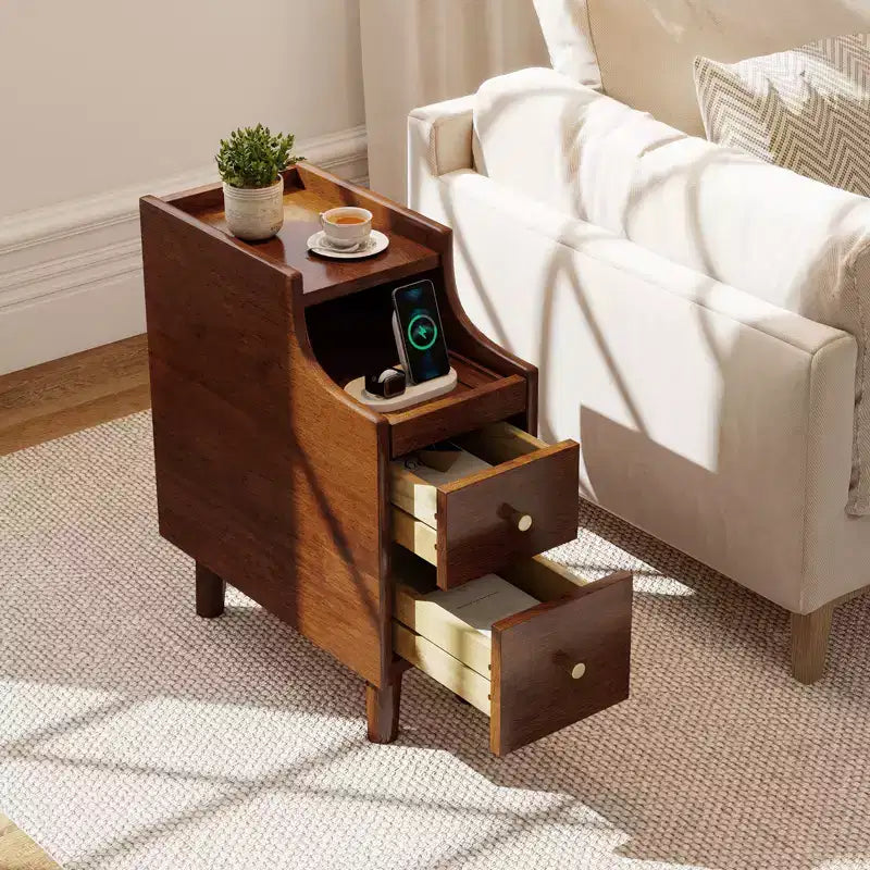 Table d'appoint en bois massif Costway avec tablette coulissante et 2 tiroirs de rangement et gestion des câbles