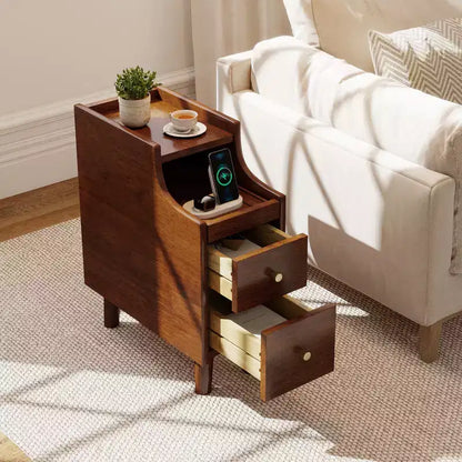 Table d'appoint en bois massif Costway avec tablette coulissante et 2 tiroirs de rangement et gestion des câbles